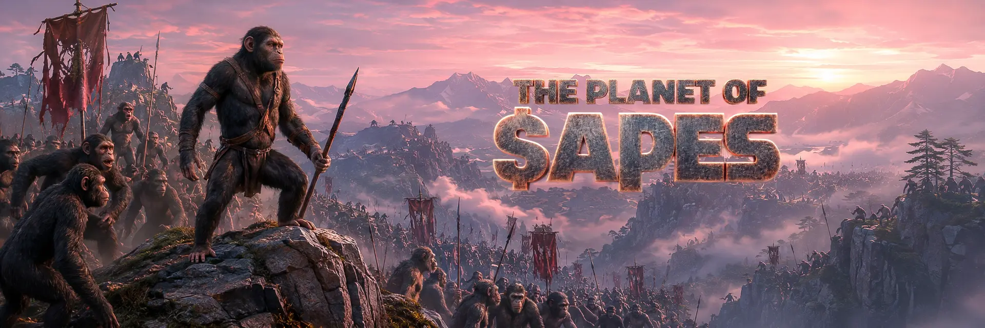 Ape leader with a spear standing on a rock above a legion of apes at pink sunrise, with the Planet of $APES title